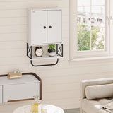 MAHANCRIS Bathroom Wall Cabinet with 2 Door and Adjustable Shelves, Farmhouse Medicine Cabinet with Towel Rack, 3-Tier Wall Mounted Storage Cabinet Over The Toilet for Bathroom Laundry Room, White MAHANCRIS