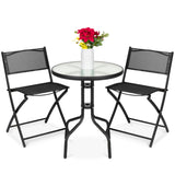 Best Choice Products 3-Piece Patio Bistro Dining Furniture Set w/Textured Glass Tabletop, 2 Steel Folding Chairs, Polyester Fabric - Black Best Choice Products