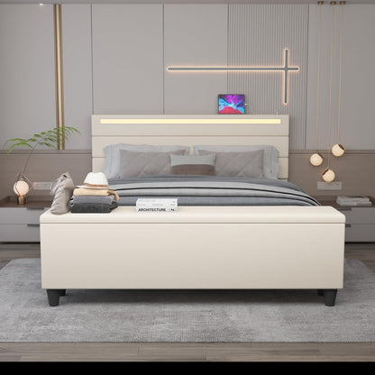 Kallabe King Size Upholstered Platform Bed Frame with LED Lights, USB Ports, and Storage - Noise-Free Design, Easy Assembly, Beige - WoodArtSupply