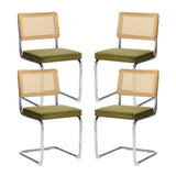 SOARMOTE Rattan Dining Chairs Set of 4,Upholstered Mid-Century Modern Dining Room Chairs with Cane Backrest,Retro Velvet Kitchen Chairs with Stainless Chrome Base,Green SOARMOTE