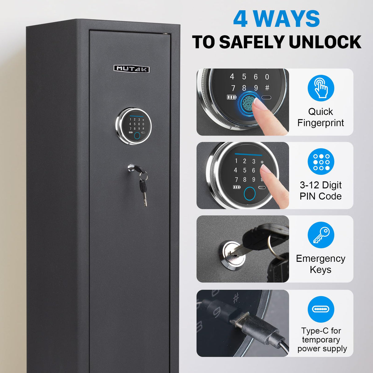Mutak 4-5 Biometric Gun Safe for Rifle and Pistols, Long Gun Safe for Rifle Shotgun for Home, Quick Access 4-5 Gun Storage Cabinet with Handgun Pouch, Silent Mode (No Assembly Required) Mutak