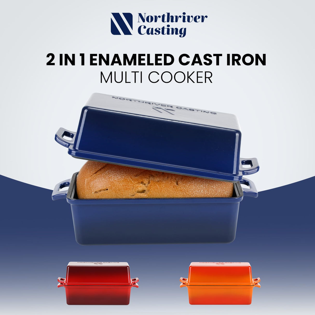 Northriver Casting 2 in 1 Enameled Cast Iron Bread Pan with Lid, Perfect Bread Oven, Loaf Pans for Baking Homemade Sourdough Bread 9x5, 2 Piece set, Navy Blue Northriver Casting