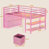 BTHFST Low Loft Bed Twin Size with 6 Storage Drawers, LED Lights, 2 Tier Storage Shelves, Kids Metal Loft Bed with 15" H Stairs & Safety Guardrail, Spave Saving, Pink BTHFST