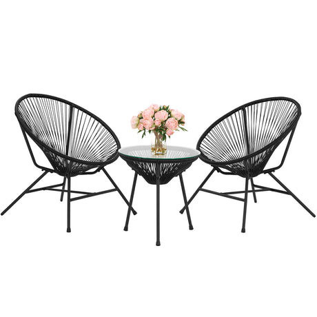 Acapulco Patio Bistro Set 3-Piece Outdoor Furniture Set All-Weather Woven Rope Patio Conversation Set with Glass Top Table and 2 Chairs (Black) PayLessHere