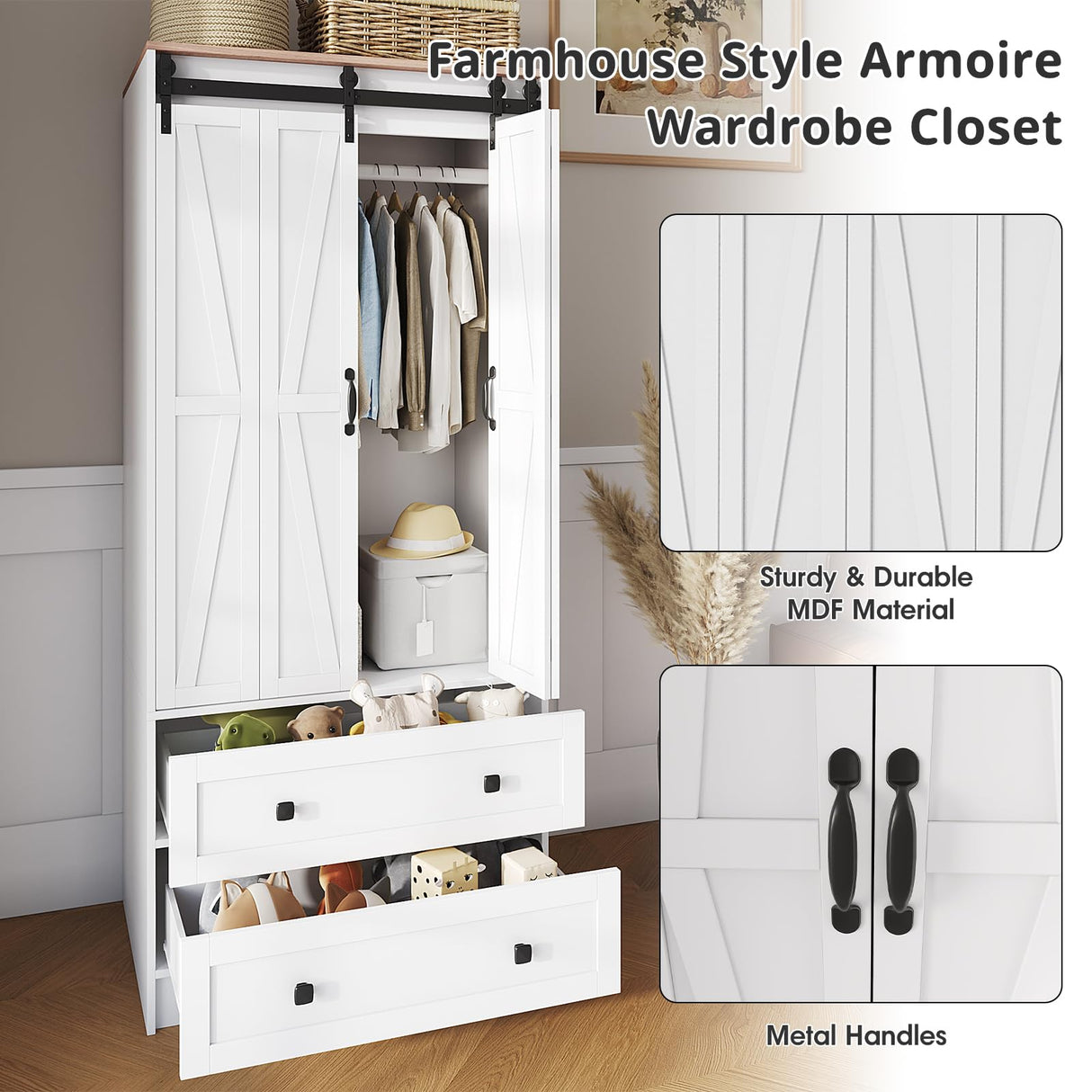 Maupvit Farmhouse Armoire with 2 Folding Sliding Barn Doors and Drawers 70.9" Tall Wooden Bedroom Wardrobe Closet with Spacious Storage Cabinet with Hanging Rod for Bedroom, White Maupvit
