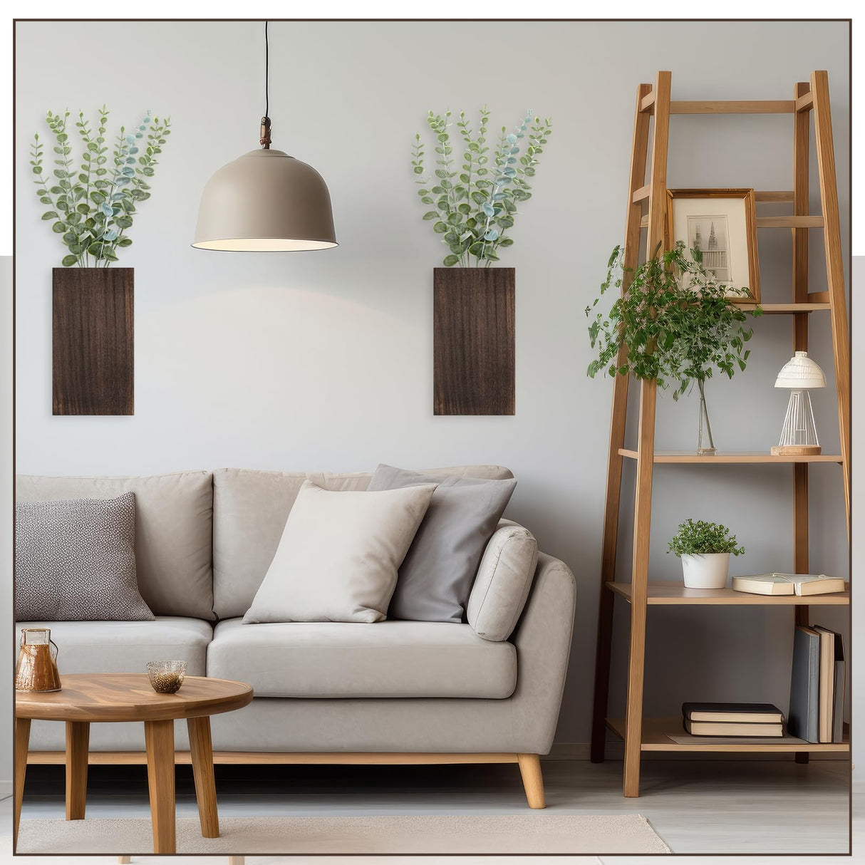 Vesici 2 Pack Wood Wall Planter Vase with Artificial Plants Indoor Plants Holder Pocket Farmhouse Wooden Vases Wall Flower Vase Hanging Plant Decor for Bedroom Kitchen Office Home (Wood,Eucalyptus) Vesici