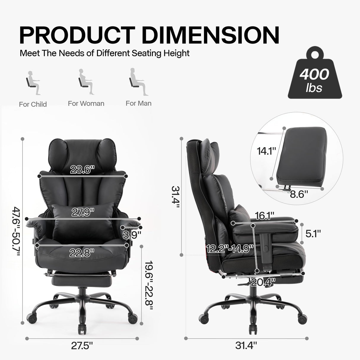 Gzagdecr Big and Tall Office Chair 400lbs,PU Leather High Back Gaming Chair with Foot Rest, Reclining Chair Executive Ergonomic Office Chair Lumbar Support Computer Chair Adjustable Armrests (Black) Gzagdecr