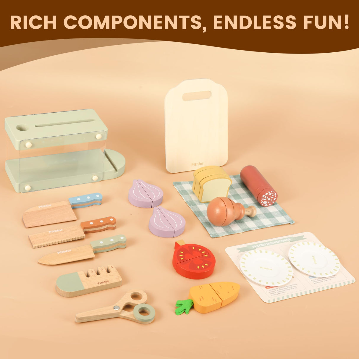 Pithfor Play Knife Set, Play Kitchen Accessories, Wooden Pretend Play Food Set Toys for Kids Toddlers, Gifts for 2 3 4 Years Old Girls Boys Pithfor