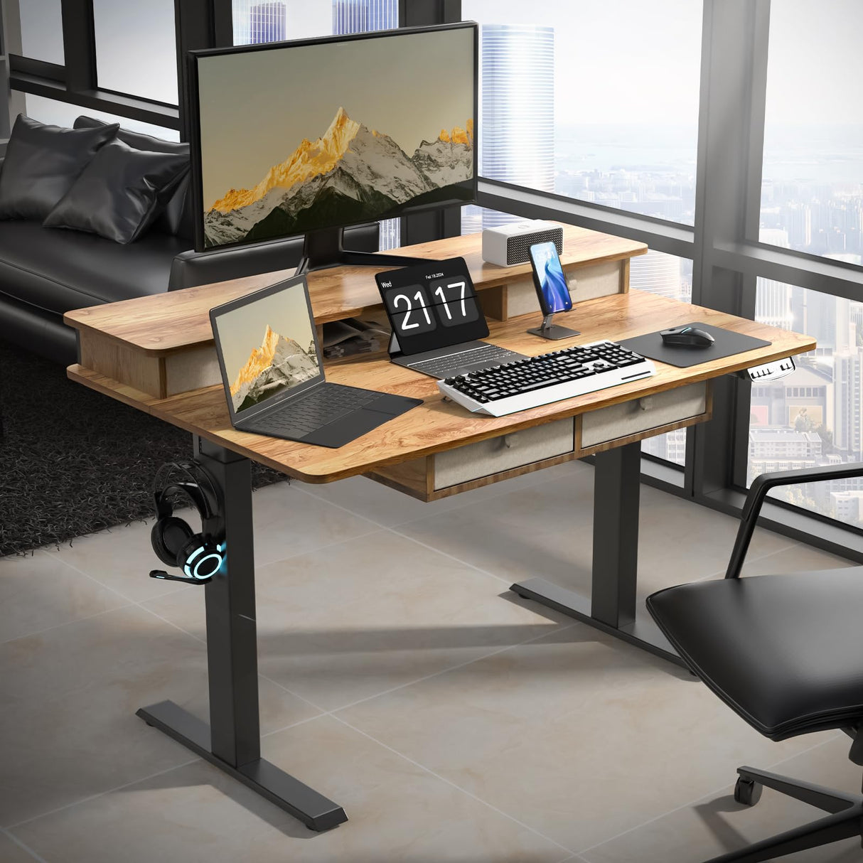 ExaDesk 48 * 30 Inches Electric Standing Widened Desk Adjustable Height with 4 Drawers, Double Storage Shelves Stand Up Desk, Home Office Workstation Sit Stand up Desk (Light Rustic Brown) ExaDesk