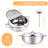 cuomaop Deep Fryer Pot, 304 Stainless Steel Japanese Frying Pot with Oil Drain, Temperature Control and Lid, Tempura Deep Fryer Pot for Kitchen Stove/Induction Cooker French Fries Fryer Chicken 9.4" cuomaop
