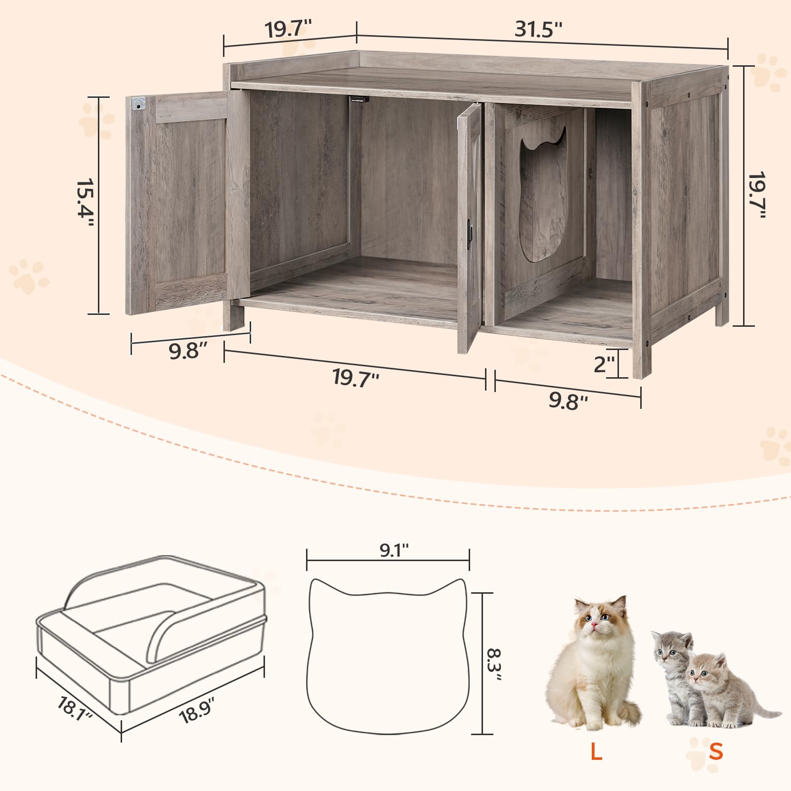 MAHANCRIS Cat Litter Box Enclosure, Hidden Litter Box Furniture with Divider, Wooden Cat Washroom Storage Cabinet Bench, Indoor Cat House as End Table, for Living Room, Bedroom, Greige CWHG25 - WoodArtSupply