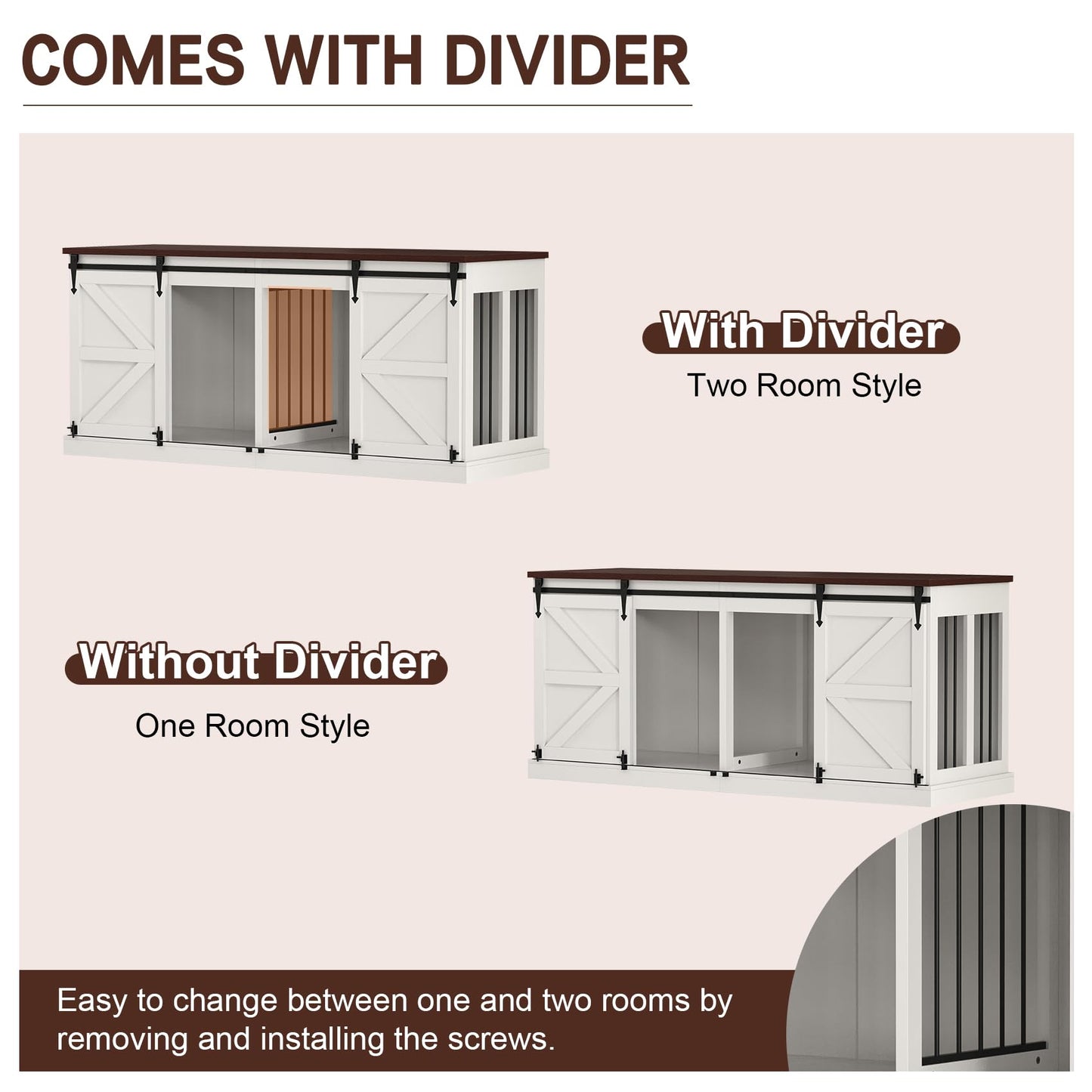 Dog Crate Furniture - Indoor Wooden Dog Kennel with Room Divider and Double Sliding Barn Doors - 71"x23.6"x31.5"H, White - WoodArtSupply