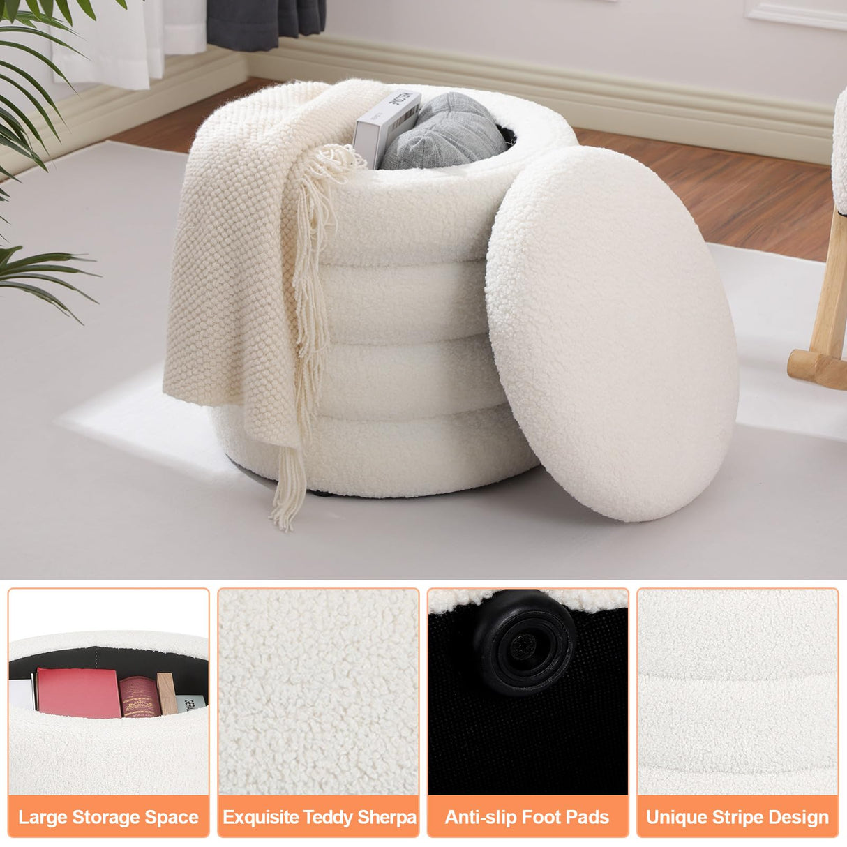 Dolift Modern Teddy Sherpa Foot Rest for Couch, Round Ottoman with Storage, Upholstered Foot Stools Ottoman, Vanity Chair for Makeup Room Bedroom Living Room (White) Dolift