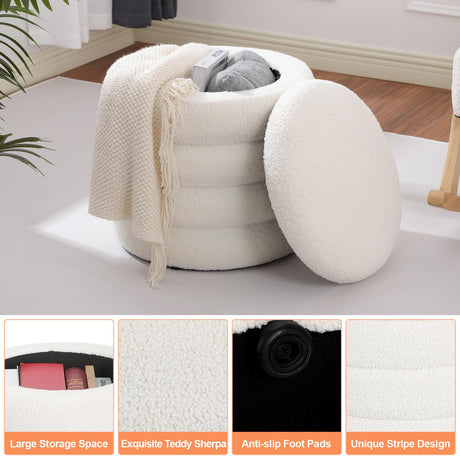 Dolift Modern Teddy Sherpa Foot Rest for Couch, Round Ottoman with Storage, Upholstered Foot Stools Ottoman, Vanity Chair for Makeup Room Bedroom Living Room (White) Dolift