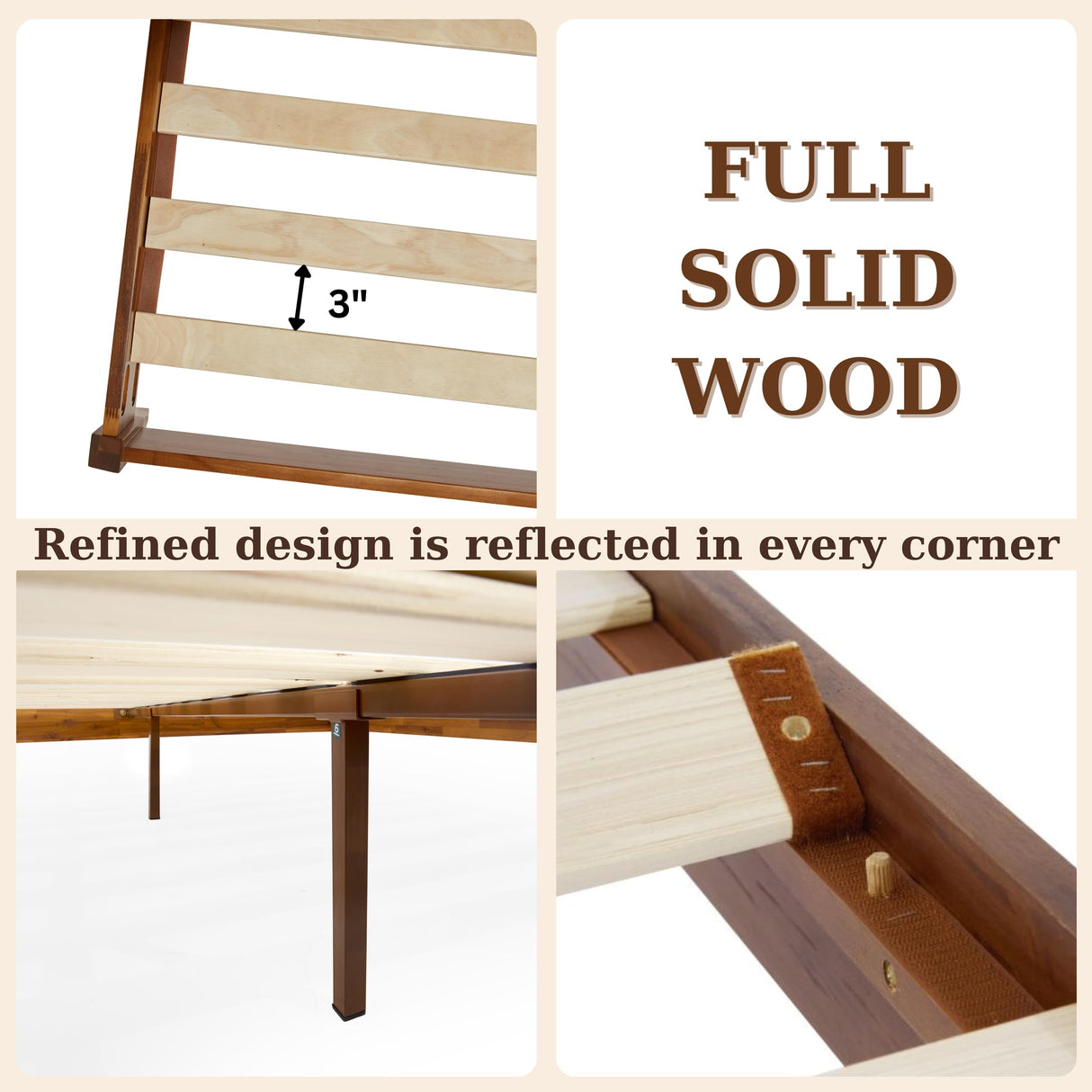 Bme Dinkee 15 Inch Signature Bed Frame Without Headboard - Modern & Minimalist Style with Acacia Wood - 12 Strong Wood Slat Support - Easy Assembly - No Box Spring Neededd - Dark Chocolate, Full Bme