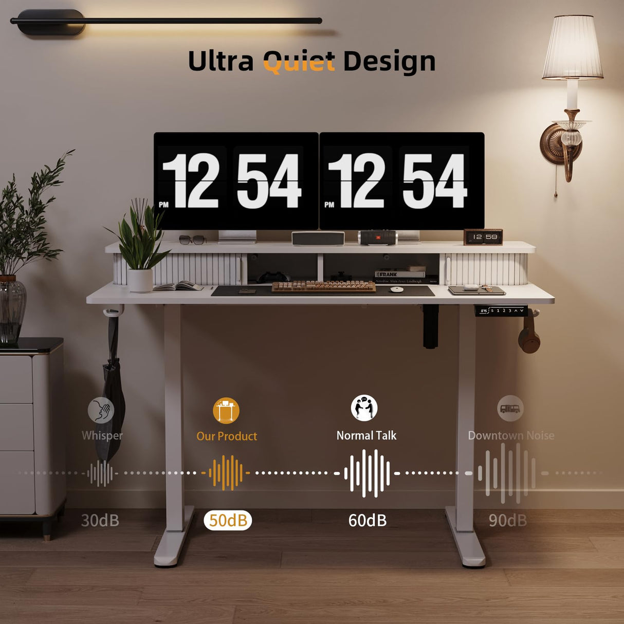 JOY worker Height Adjustable Electric Standing Desk with Storage Shelves, 48 Inch Table with Built-in Monitor Stand, Sit Stand Desk with 2 Hooks for Home Office, White JOY worker