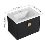 SSLine Modern 28" Floating Bathroom Vanity with Sink Wall Mounted Bathroom Vanity with Top Basin & Storage Cabinet Luxury Black Wood Hanging Vanity w/Ceramic Sink & Gold Handles for Small Space SSLine