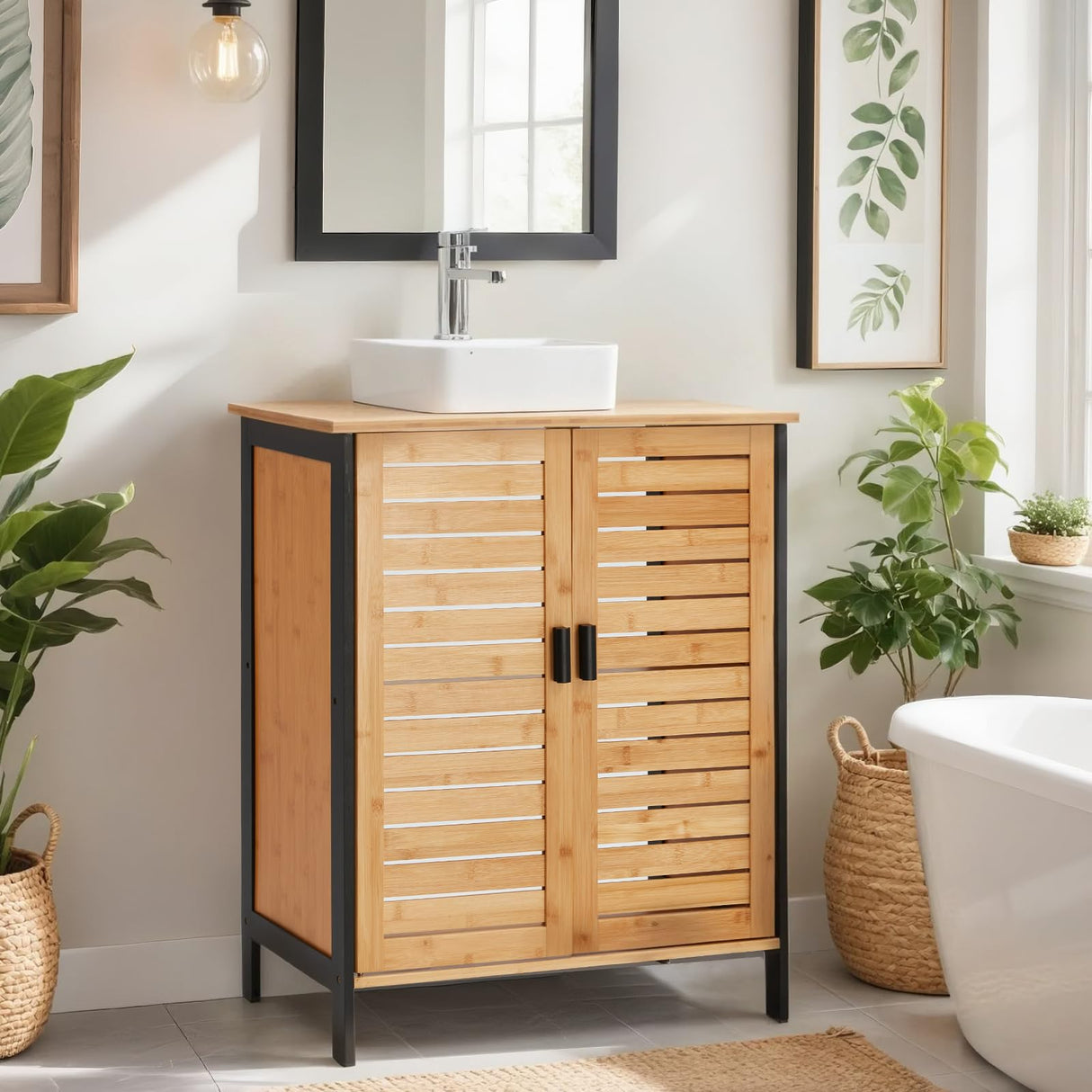 Danrelax 24" Bamboo Pedestal Under Sink Storage Vanity Cabinet, Solid Waterproof Sliding Door Bathroom Organizer with Adjustable Shelf, Modern Bathroom Furniture(Top Cutout, Not for Floor Drain) Danrelax