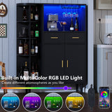 Kitchen Pantry Storage Cabinet with Charging Station and LED Lights, Freestanding Buffet Cabinet with Wine Glass Holder,Kitchen Hutch Cabinet with Rotation 4-Tier Storage Rack for Kitchen(Black) Gyfimoie