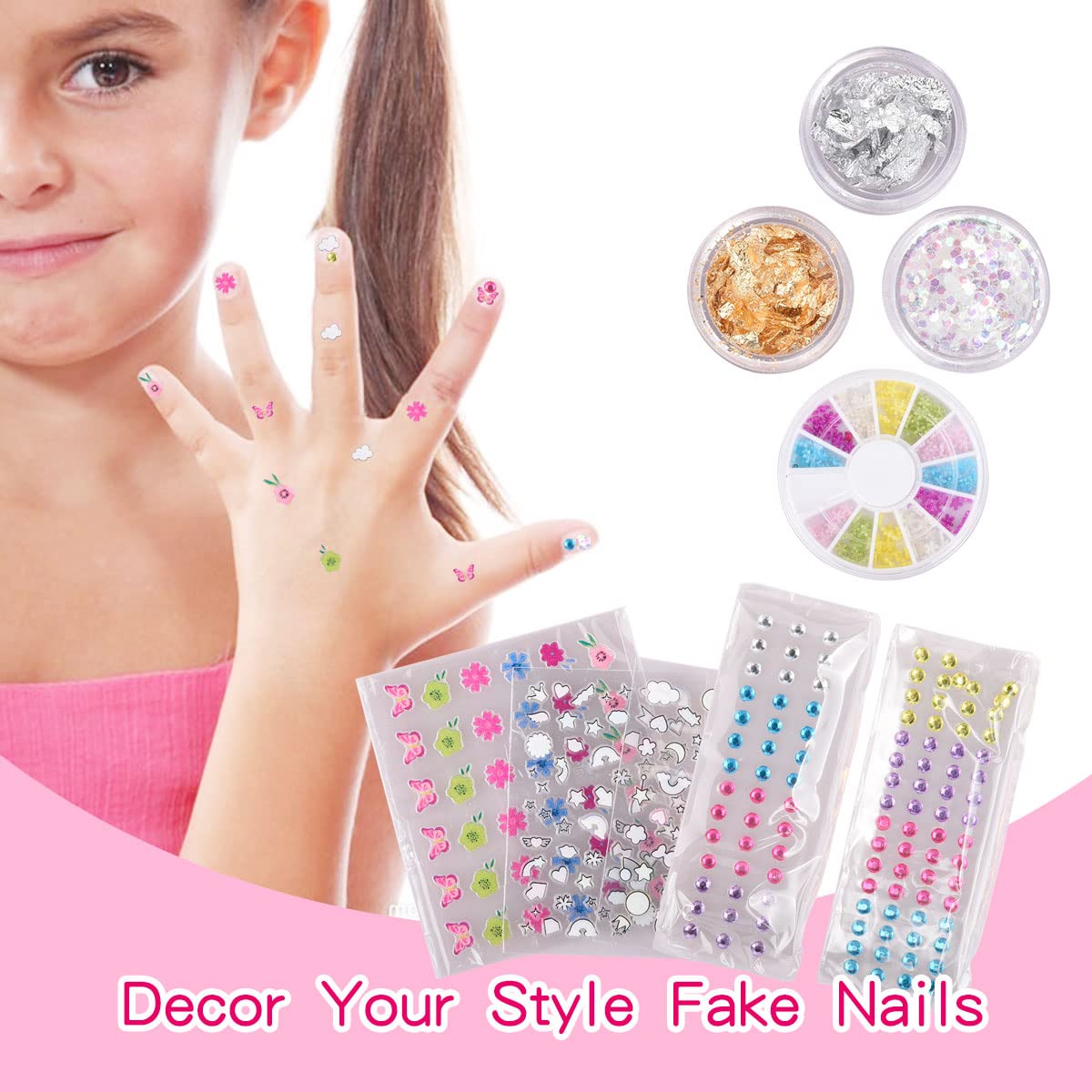 Nail Art Kit with Non-Toxic Nail Polish for Girls, 34Pcs Kids Nail Design Tool Set with Peel-off Nail Polishes, Dotting Pen, False Nail, DIY Sticker, Nail Decoration Gift for Girls Age 6-15 M&U MAKE YOU UP
