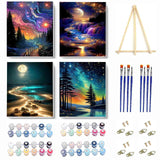 VIGEGU 4 Pack Paint by Numbers Kit for Adults Beginner with Frame,Paint by Number with Wooden Easel DIY Starry Sky Beach Waterfall Landscape Adult Paint by Number Kits for Home Decor 7.8x11.8inch ﻿ VIGEGU