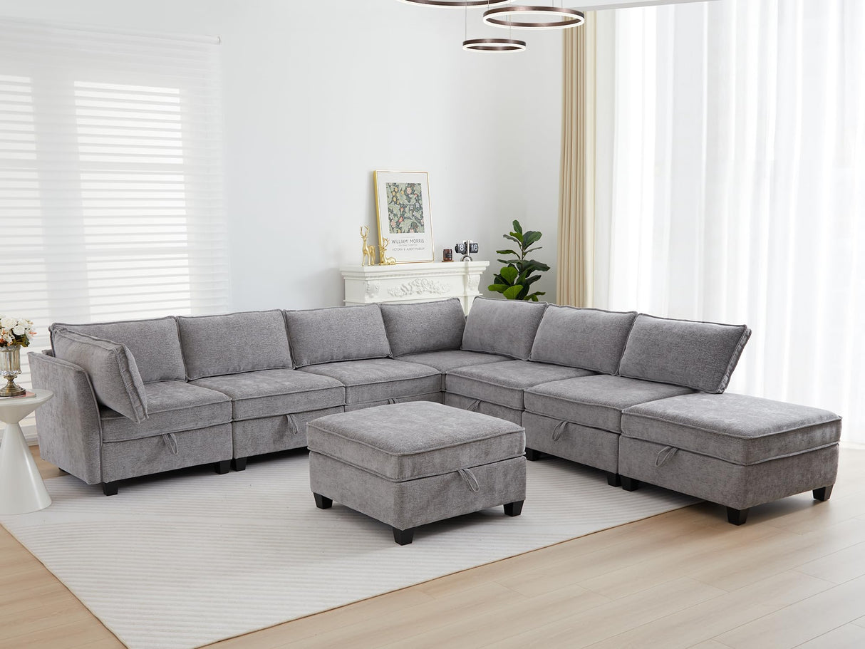 Oversize Corner Modular Sectional Sofa Set, Convertible L Shaped Couch with Storage, 8 Seater Sofa Modular with Ottomans and Reversible Chaise for Living Room, Office (Grey) ORRD