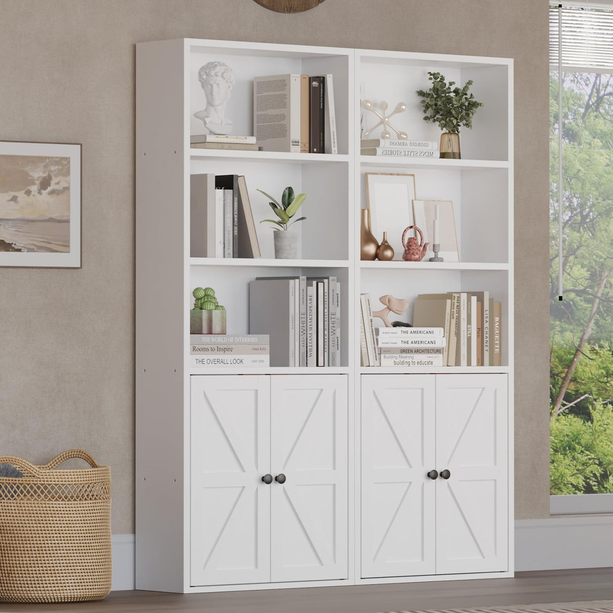 oneinmil 5 Tier Bookshelves and Bookcase with Doors Industrial Set of 2 Double Wide Floor Standing Book Shelf 59" Tall Display Shelves Bookshelf with Storage Cabinets for Living Room, White oneinmil