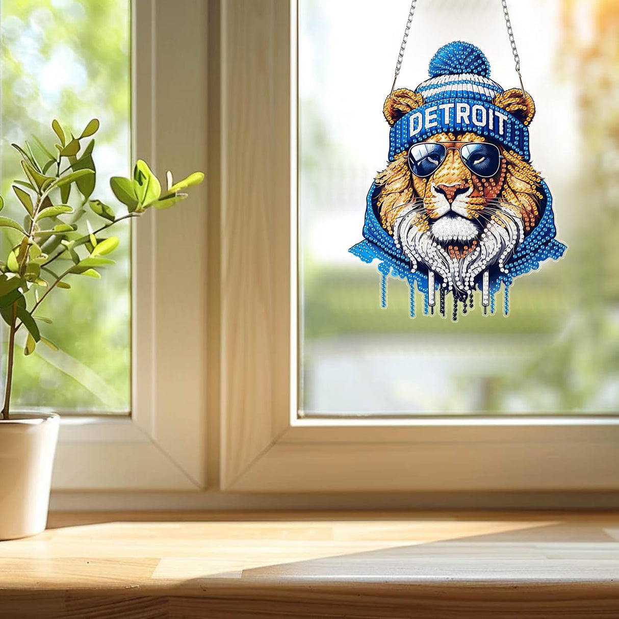 DIY Diamond Art Hanging Kit for Adult,Acrylic Diamond Art Painting Window Pendants Home Garden Wall Hanging Kits Hanging Ornament,Football Style (Detroit Blue) Weadatty