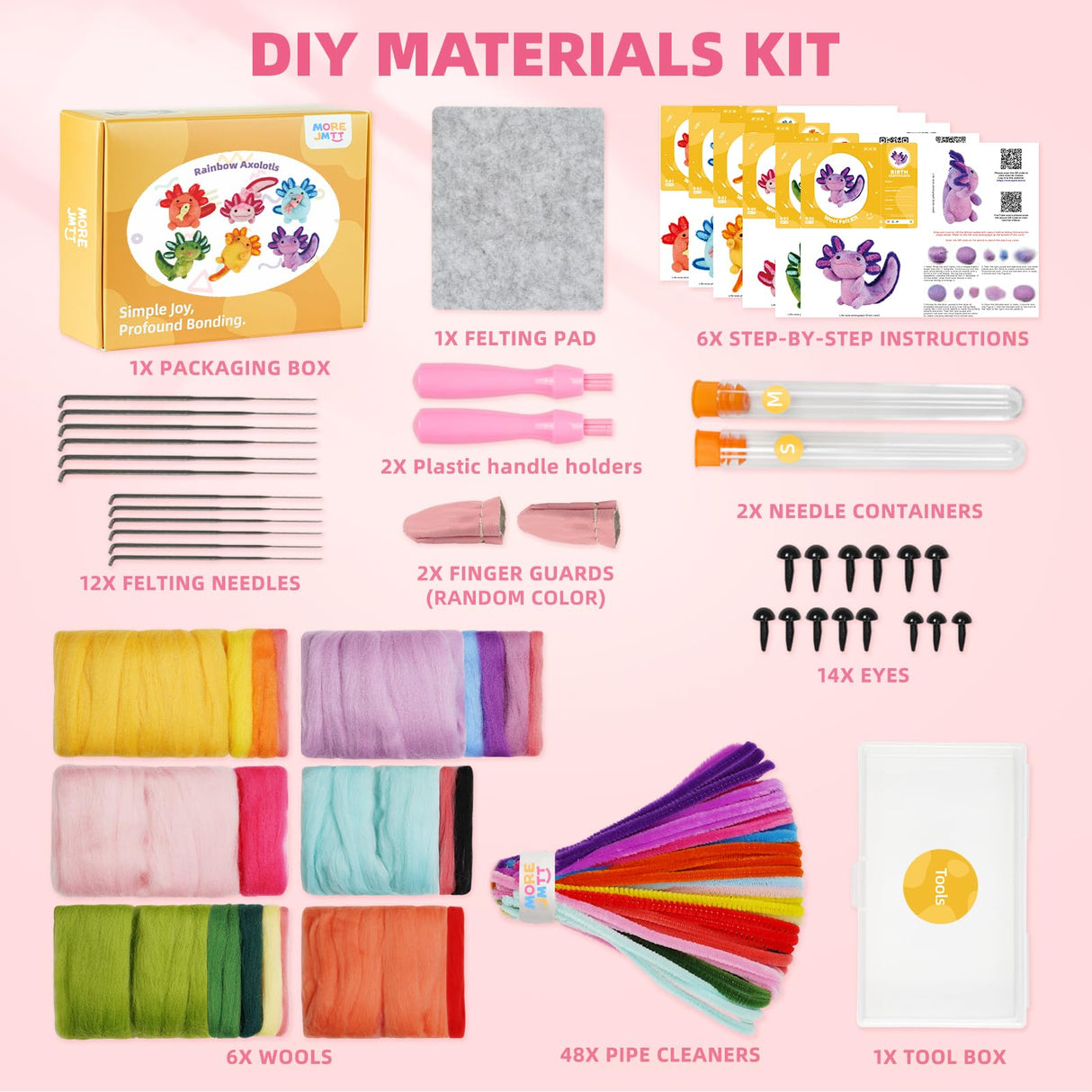 MOREJMTT Needle Felting Kit, 6 PCS Farm Animal Needle Felting Beginner Kits, Wool Felt Needle Felting Tools Foam Pad, Craft Party Supplies for Beginners Adult(6pack Axolotl) MOREJMTT