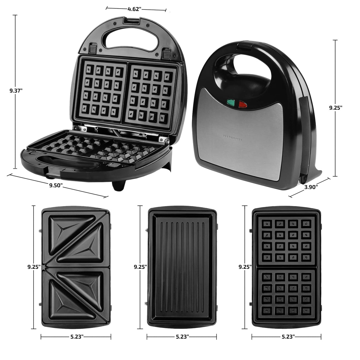 OVENTE 3 in 1 Electric Sandwich Maker, Panini Press Grill and Waffle Iron Set with Removable Non-Stick Plates, Perfect for Cooking Grilled Cheese, Tuna Melts, Burgers, Steaks and Snacks, Black GPI302B OVENTE