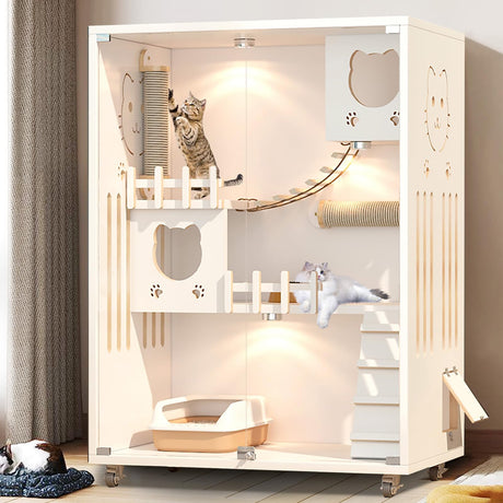 Large Enclosed Cat Condo, Wooden Large Cat Villa, Indoor/Outdoor Cats Enclosure with Wheels, Multi-Feature Cat Houses for Indoor Cats Ventilation Glass Doors, 50" X 36" X 24" (White, 50" X 36" X 24") TMGSK