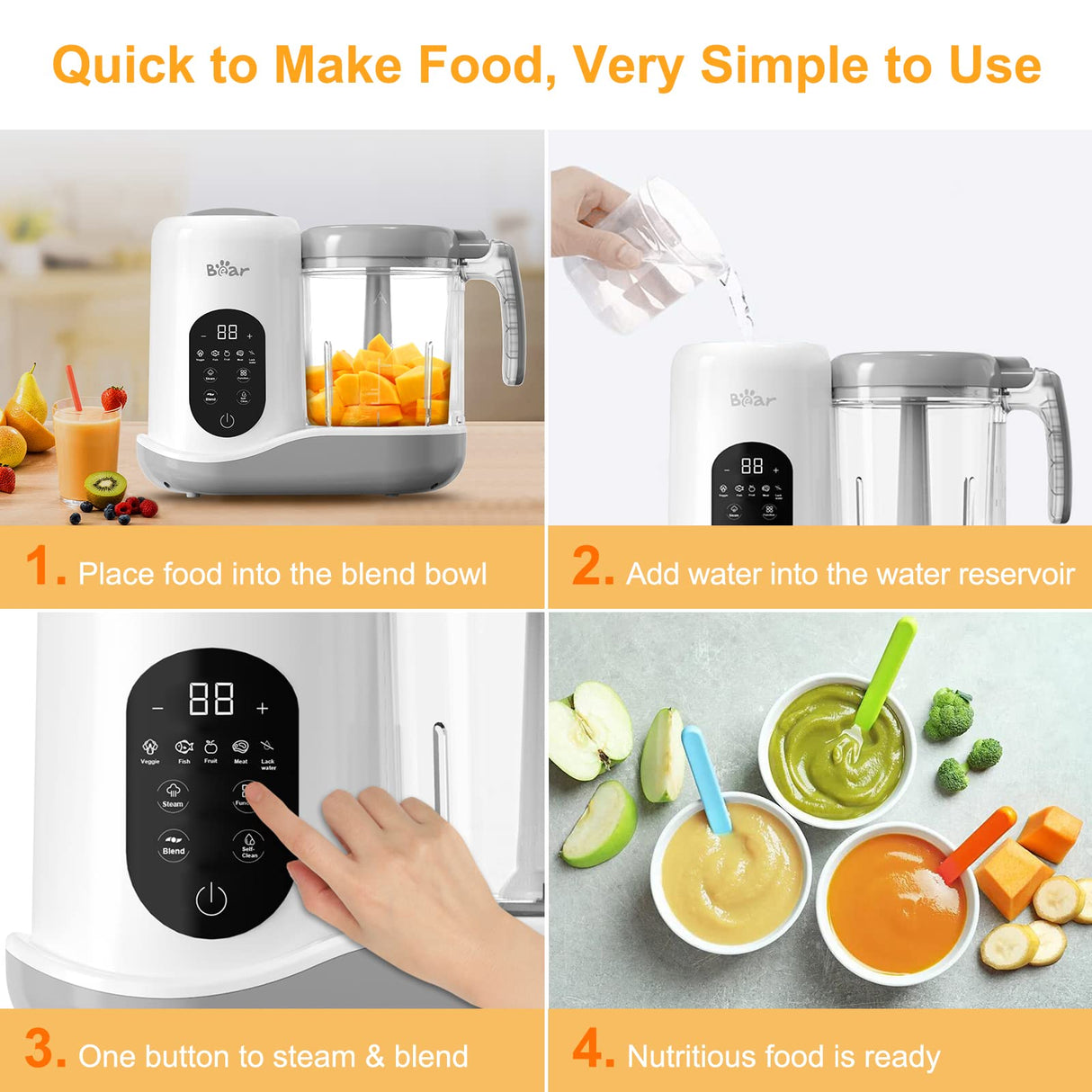 BEAR 2024 Baby Food Maker | One Step Baby Food Processor Steamer Puree Blender | Auto Cooking & Grinding | Baby Food Puree Maker with Self Cleans | Touch Screen Control, White Bar