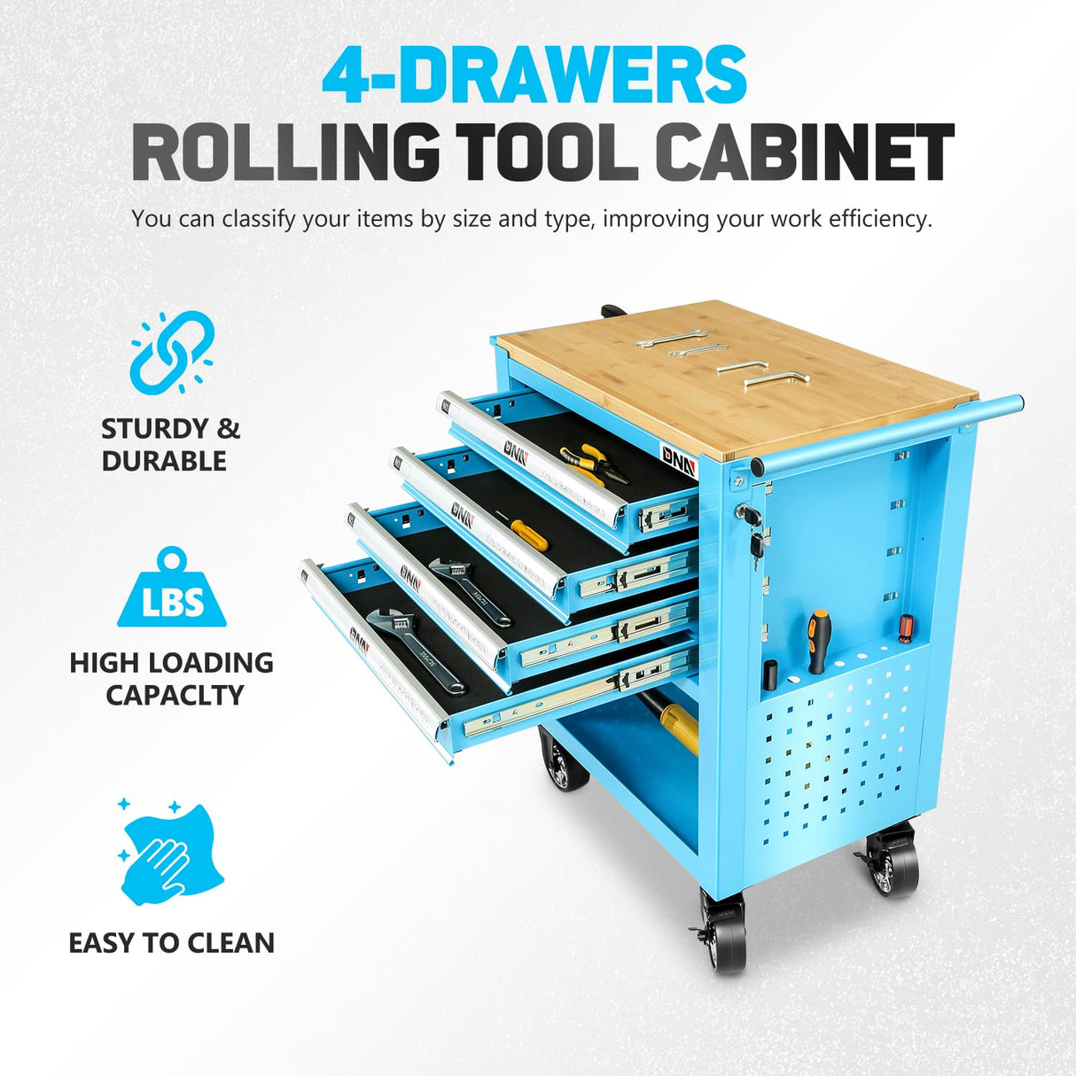 DNA MOTORING 30" W X 37" H X 18" D Large Capacity 4-Drawer Chest Rolling Tool Cart Locking Swivel Cabinet with Keys, Blue, TOOLS-00484 DNA MOTORING