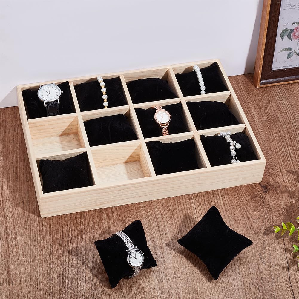 PH PandaHall 12 Slot Wooden Watch Organizer Tray Display Holder with Removable Velvet Pillows, Stackable Jewelry Bracelet Storage Tray for Drawer Showcase, Black PH PandaHall