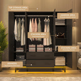jiteentarou 4 Door Armoire Wardrobe Closet Cabinet with Drawers and LED Lights, Multi-Tier Shelves, Hanging Rod & Louver Doors, Large Capacity Storage Wardrobe Armoire for Bedroom(4 Doors Black) jiteentarou