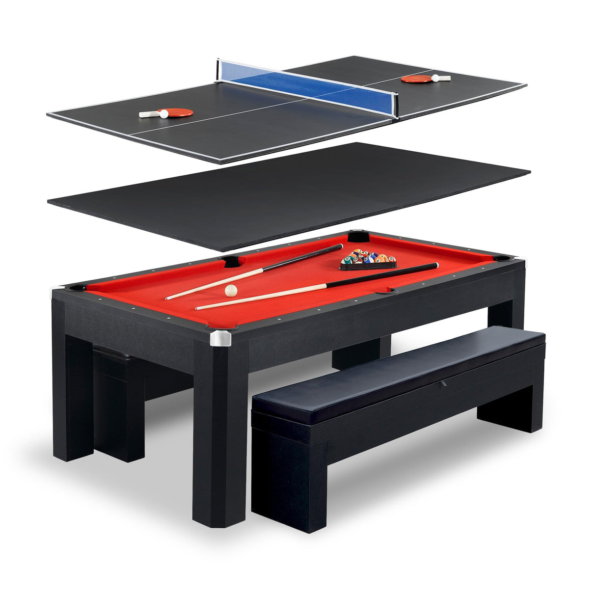 Hathaway Park Avenue 7 Ft Multi Game Pool Table Combo with Dining Top and Ping Pong – Includes Set of Benches for Home Storage and Accessories – Red & Black Finish Hathaway