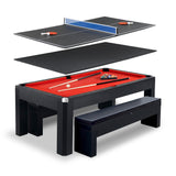 Hathaway Park Avenue 7 Ft Multi Game Pool Table Combo with Dining Top and Ping Pong – Includes Set of Benches for Home Storage and Accessories – Red & Black Finish Hathaway