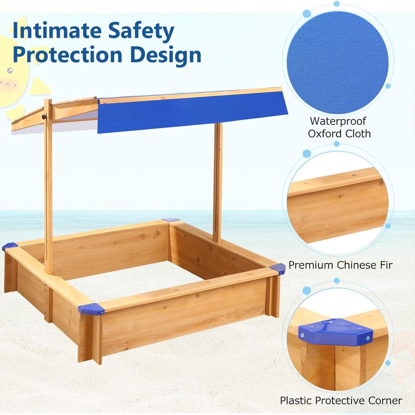 Kids Sandbox with Lid and Cover, Large Wooden Sandbox with Adjustable Canopy, Children Outdoor Playset, Sand Pit for Backyard Play, Beach