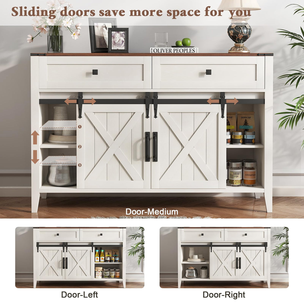 GlouMod Farmhouse Buffet Cabinet with Storage, 47" Sideboard Cabinet with Shelves and Sliding Barn Door, Neoclassical White Dresser for Bedroom, Coffee Bar Buffet for Kitchen, Living Room GlouMod