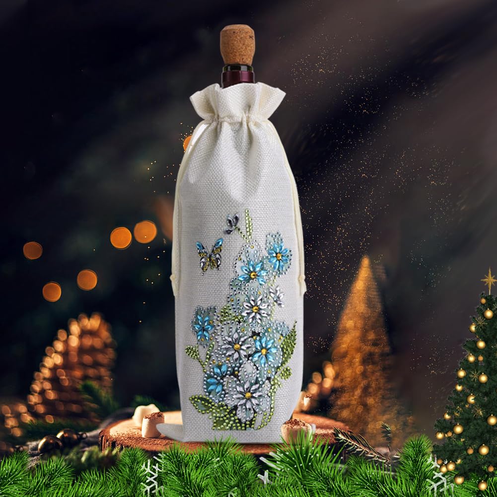 4 Pcs DIY Diamond Painting Art Kit Diamond Painting Wine Bag Kit Rhinestones Label Liquor Bottle Cover Gift for Wine Lover Women Men Christmas (Flower Birds) Generic