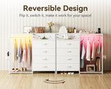 KKL 43" W White Dresser for Bedroom with Hanging Rack, Reversible 6 Drawers Dresser with Led Lights & Charging Station, Fabric Closet Dressers & Chest of Drawers with Clothes Rack for Girls, Kids KKL