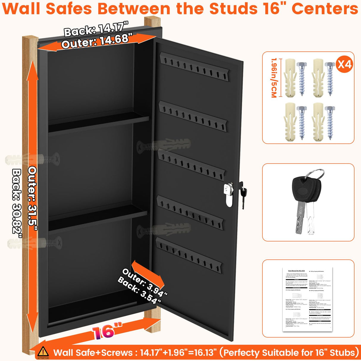 31.5" Tall Wall Safes Between the Studs with 2 Removable Shelf, Lockable Hidden Safe Box with 50 Hooks for Keys Jewellery, in Wall Safe for Money Medicines Valuables GUVELI