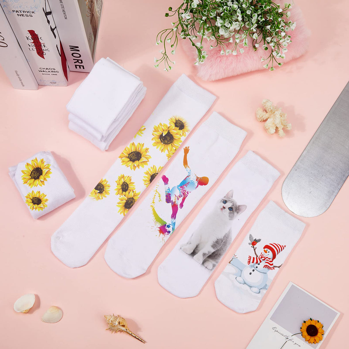 SATINIOR 32 Pairs Sublimation Socks Polyester Blanks Heat Transfer Socks with Sublimation Sock Jig for DIY Dye Heat Press Accessories, 4 Sizes White SATINIOR