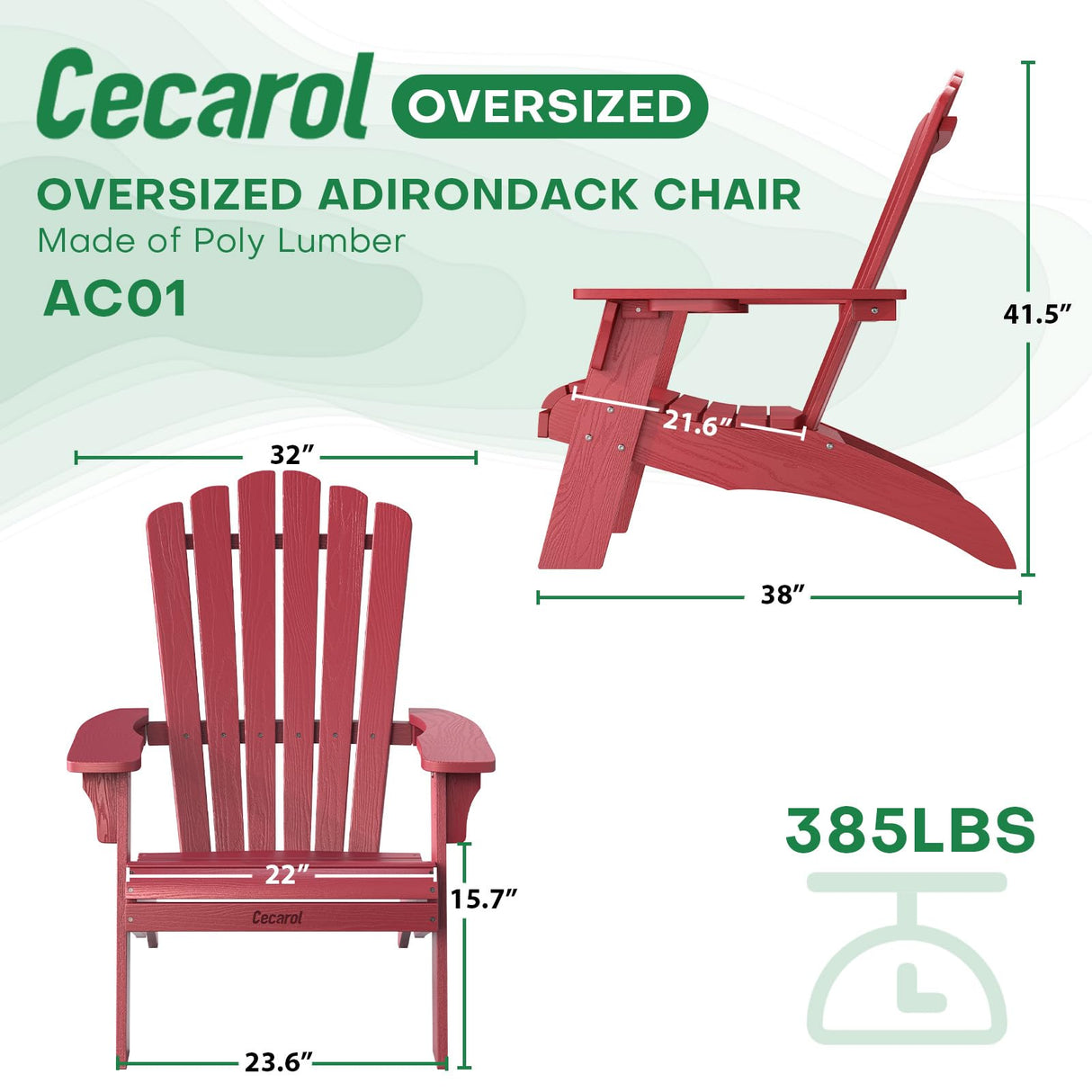 Cecarol Oversized Adirondack Chair Plastic, Outdoor Fire Pit Chair with Cup Holder, Adirondack Patio Chair Weather Resistant for Outside, Porch, Lawn, Garden- AC01, Red(Wood Grain) Cecarol
