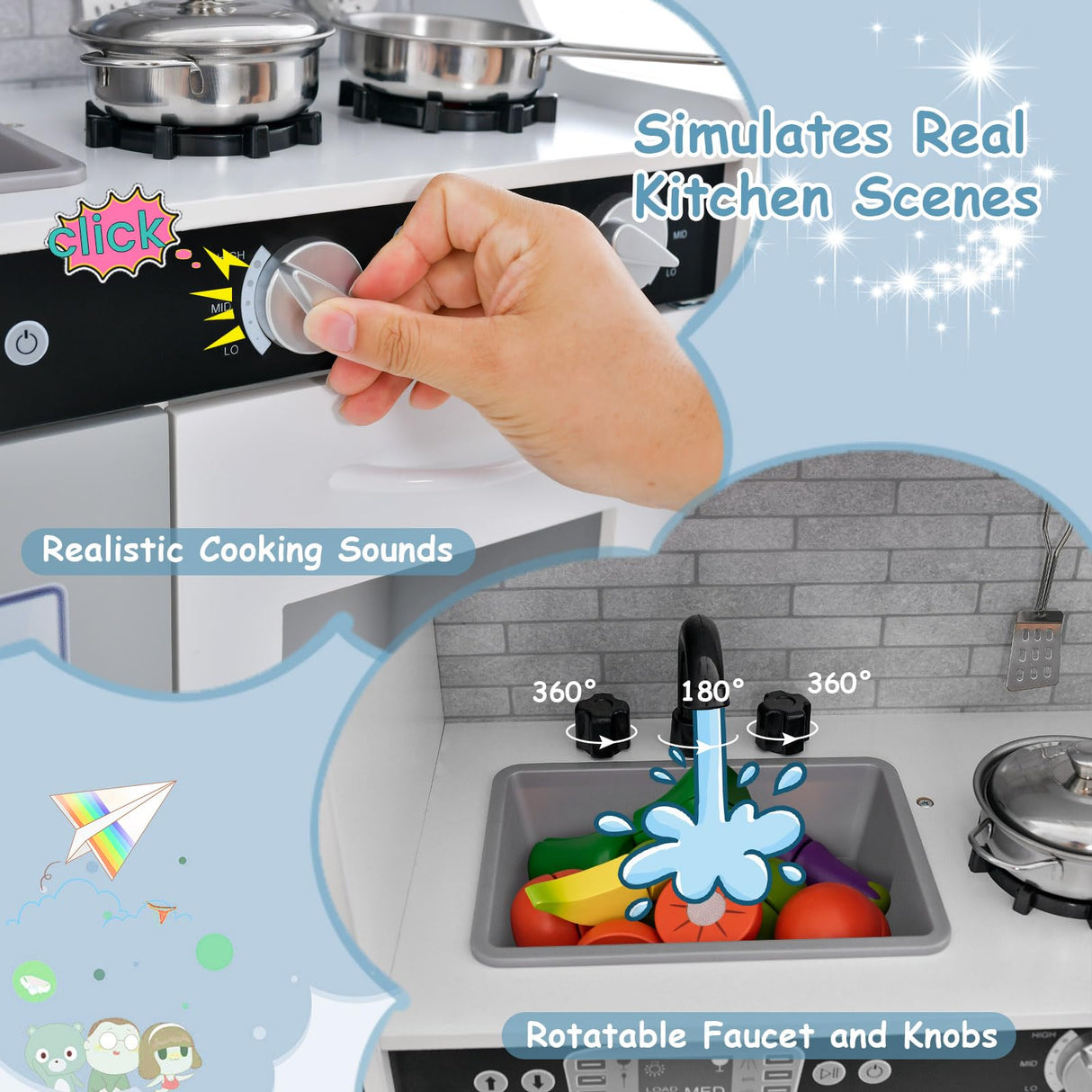 HONEY JOY Kids Kitchen Playset, Wooden Little Chef Pretend Toy Kitchen Set w/Chalkboard, Telephone, Utensils, Oven, Microwave, Sink, Storage, Play Kitchen for Toddlers, Gift for Boys Girls, White HONEY JOY