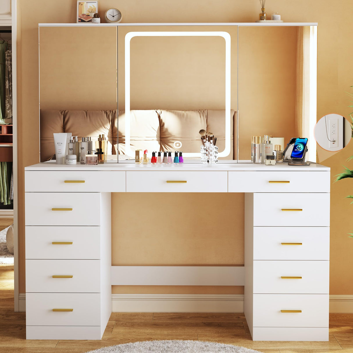 Makeup Vanity Desk with Lights, 47.2" Vanity Desk with 11 Storage Drawers and Hidden Storage Shelves, White Vanity with Charging Stations & 3 LED Lighting Modes Adjustable, for Bedroom HUAHUU