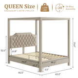 GAOMON Queen Canopy Bed Frame with Upholstered Headboard, Four Poster Design, Button Tufted, and Slide Rail, No Box Spring Required, Wooden Slatted Structure, Beige GAOMON