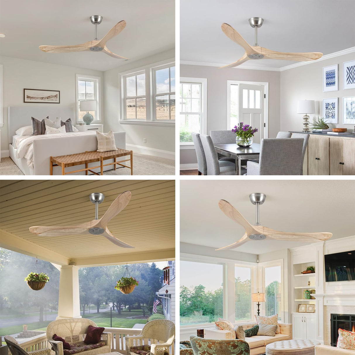 DefinElegant 52" Modern Ceiling Fan, No Light, 6-Speed, Reversible, Timed Shutdown, DC Motor, Natural Wood 3 Blade, Porch, Bedroom, Living Room DefinElegant