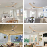 DefinElegant 52" Modern Ceiling Fan, No Light, 6-Speed, Reversible, Timed Shutdown, DC Motor, Natural Wood 3 Blade, Porch, Bedroom, Living Room DefinElegant