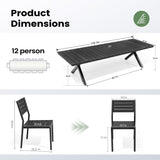 Pellebant 13 Piece Patio Table and Chairs Set for 12, Aluminum Outdoor Dining Set with Umbrella Hole, Stackable Dining Chairs & 114" Dining Table, Brown Pellebant